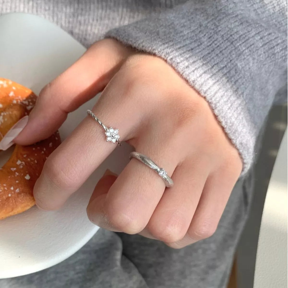 Sterling Silver Zircon Flower Open Ring -