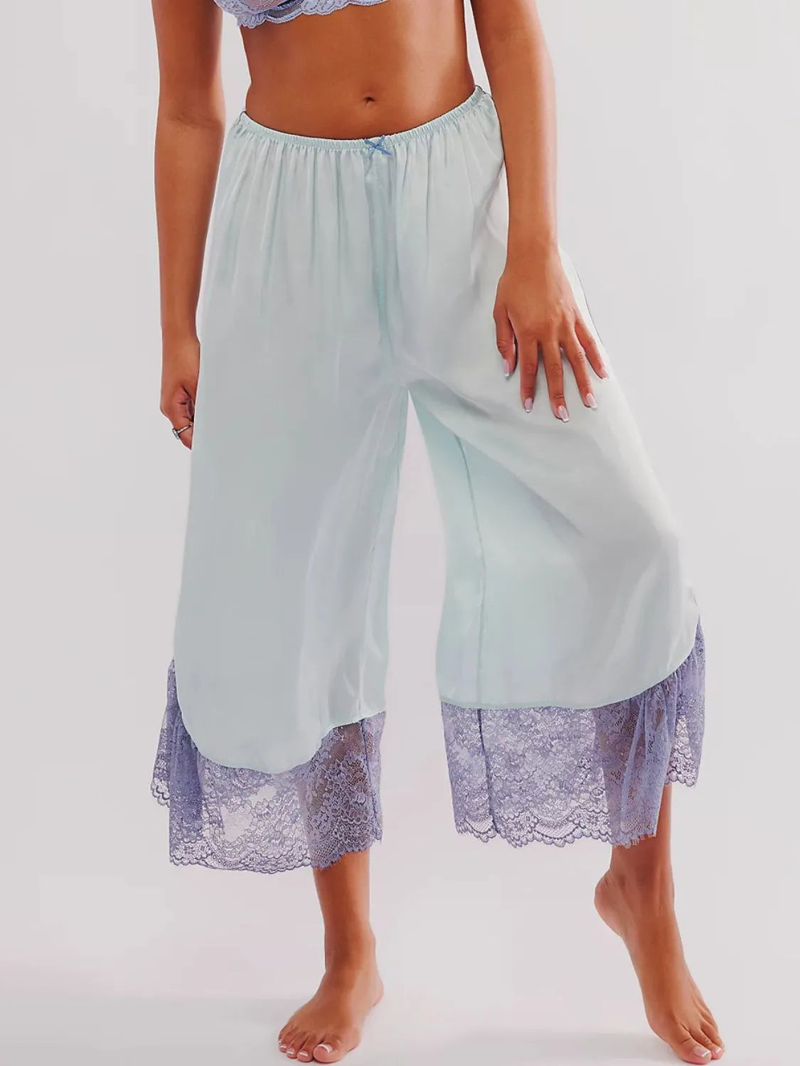 Lace Detail Wide Leg Pants - Light Blue