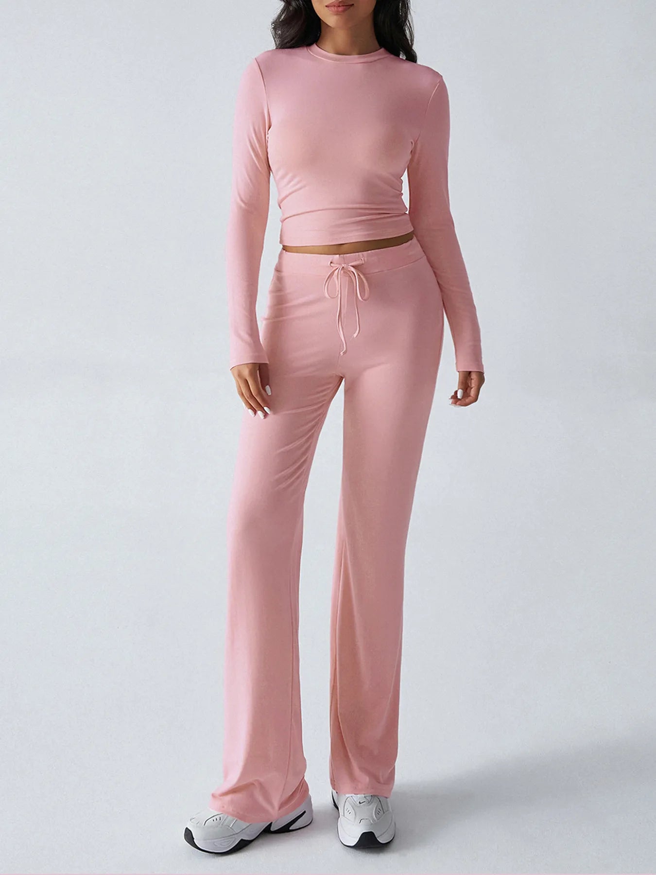 Round Neck Long Sleeve Top and Pants Set - Pink