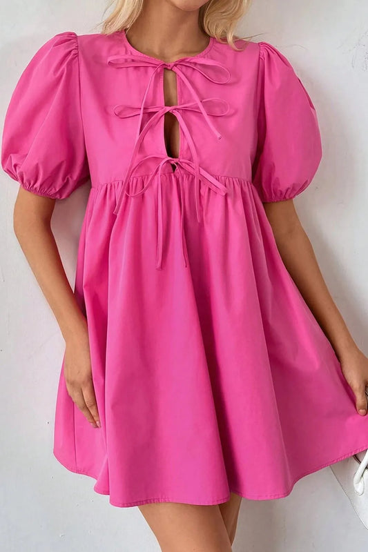 Puff Sleeve Tie Front High Waist Mini Dress - Hot Pink