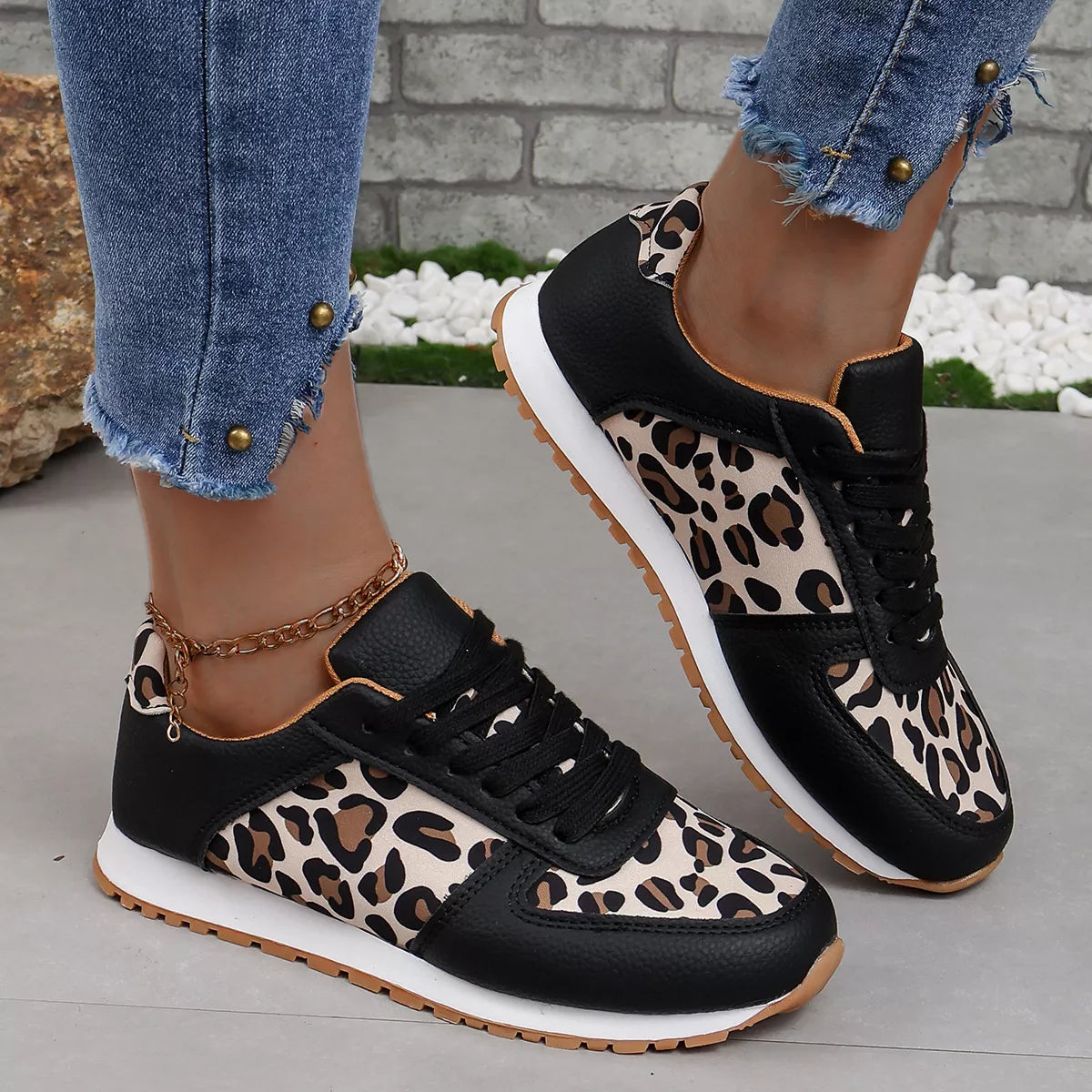 Leopard Print Casual Sneakers - Black