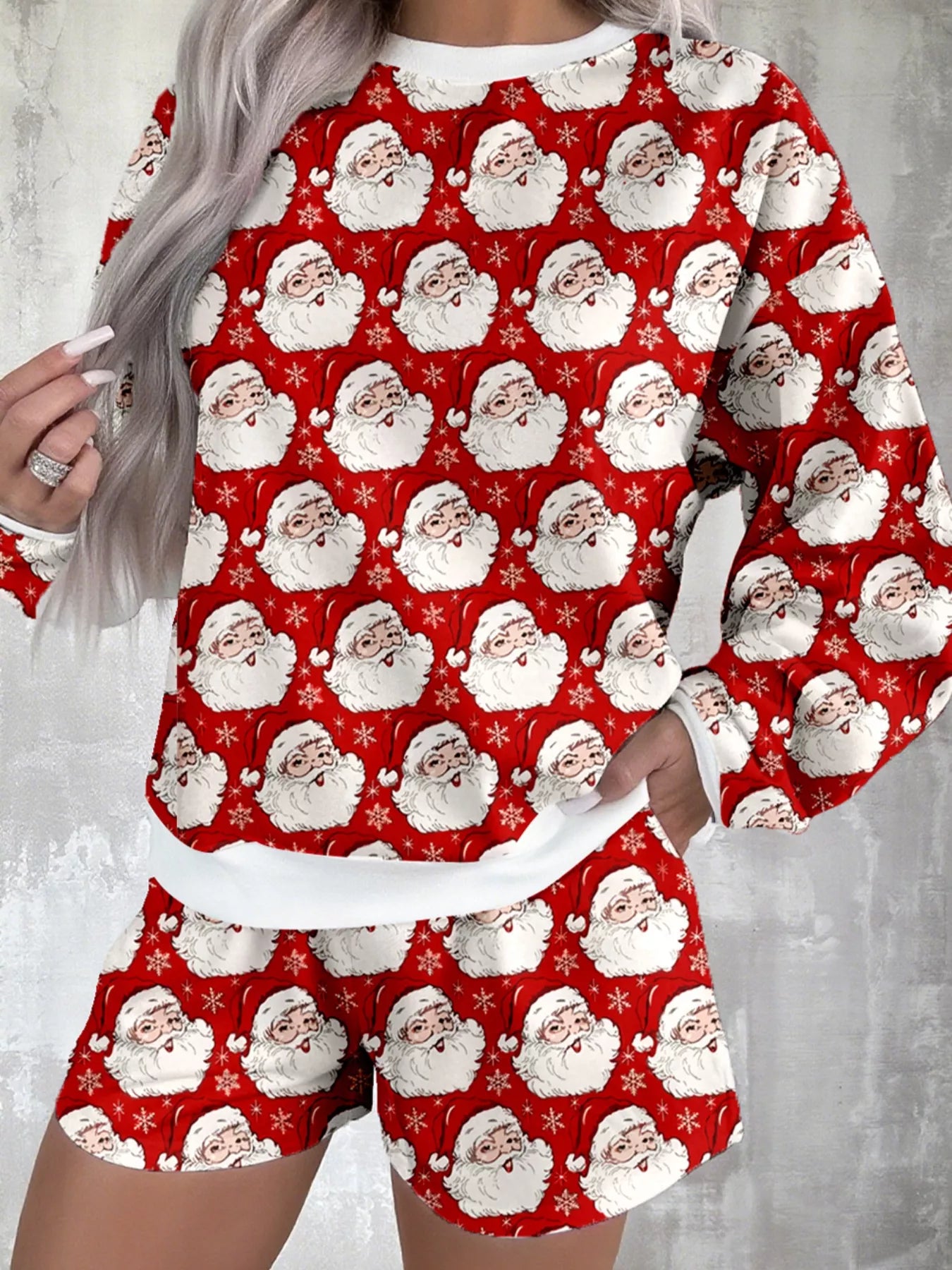 Santa Print Round Neck Top and Shorts Lounge Set -
