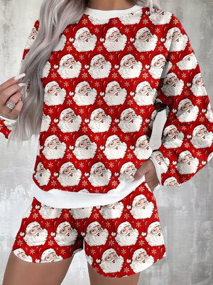Santa Print Round Neck Top and Shorts Lounge Set -
