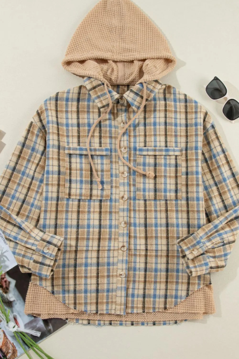 Waffle Knit Patchwork Hooded Plaid Shacket - Multicolor