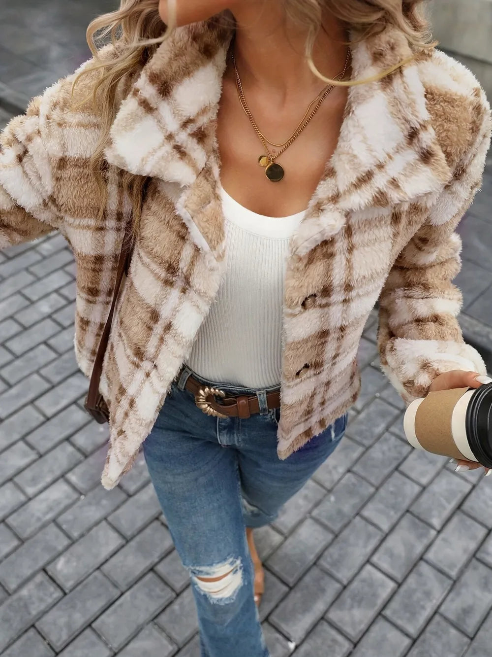 Plaid Button Up Collared Neck Jacket - Camel