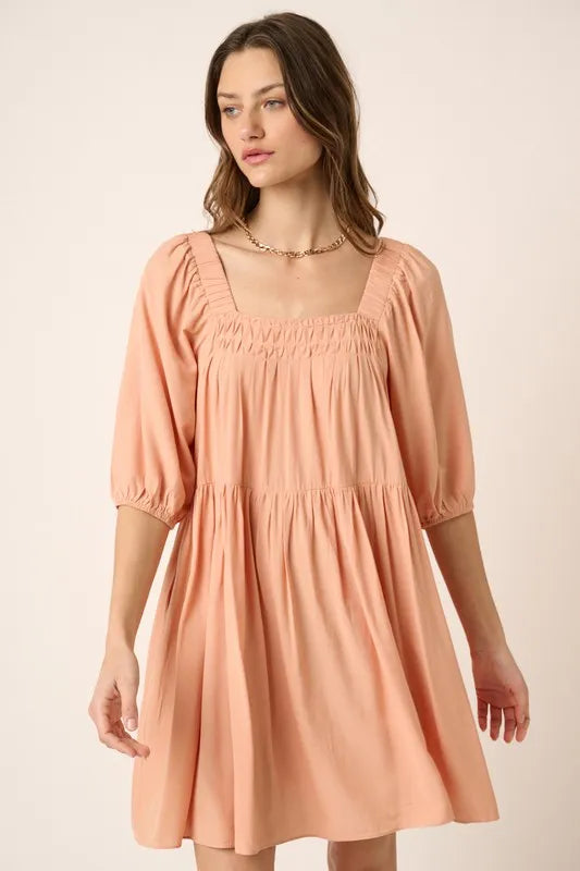 Pintuck Detail Tie Back Mini Dress - Apricot