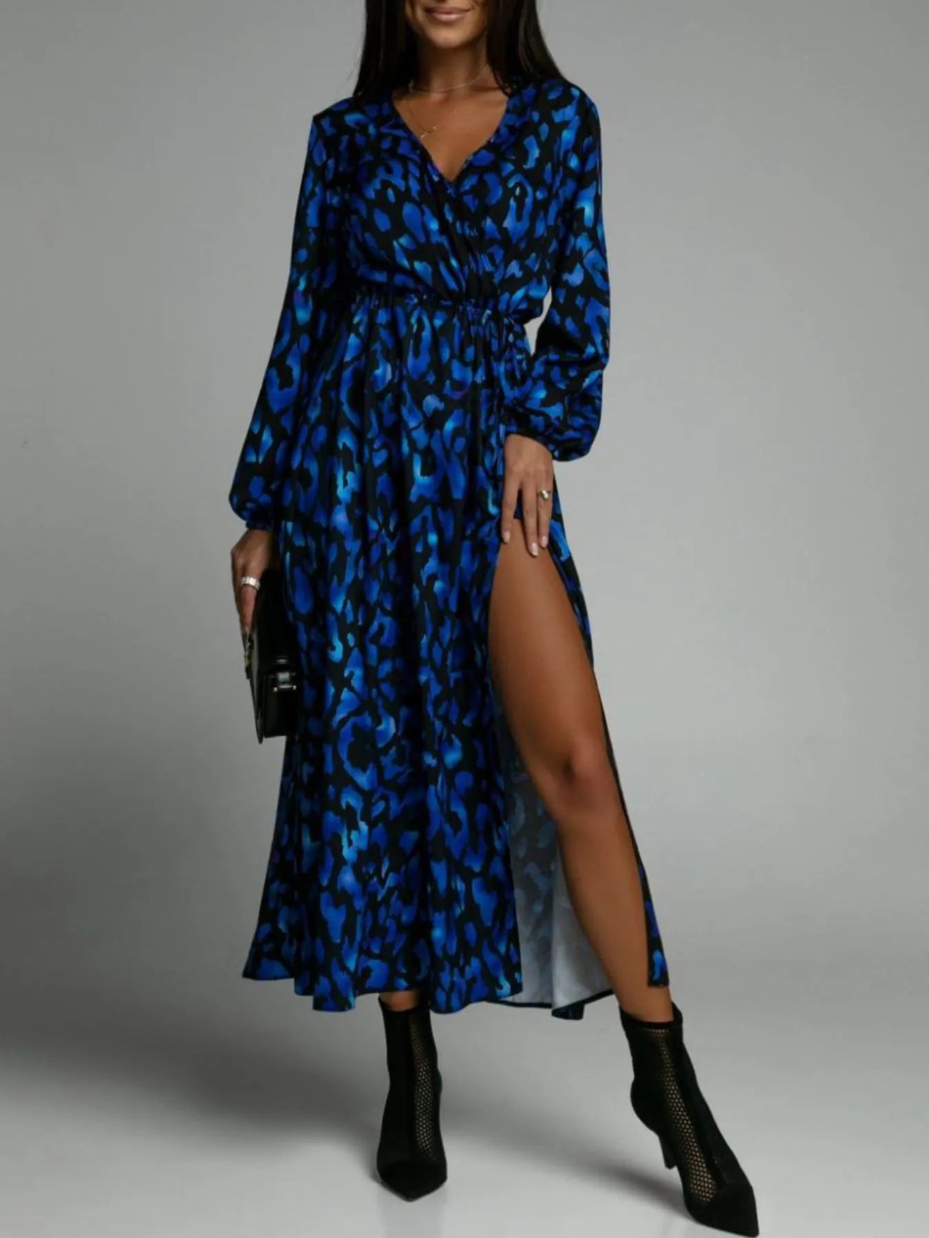 Printed Surplice Long Sleeve Midi Dress -