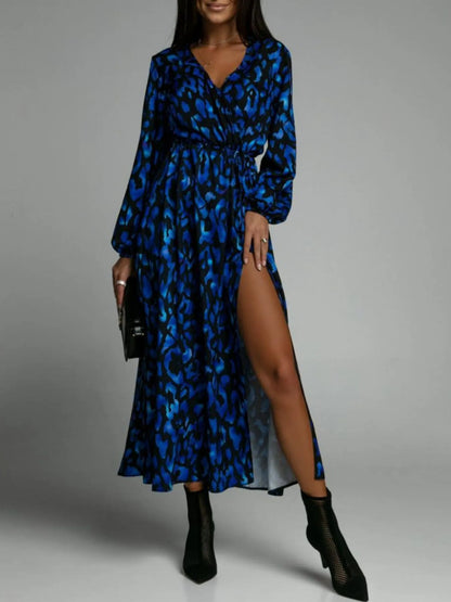 Printed Surplice Long Sleeve Midi Dress -