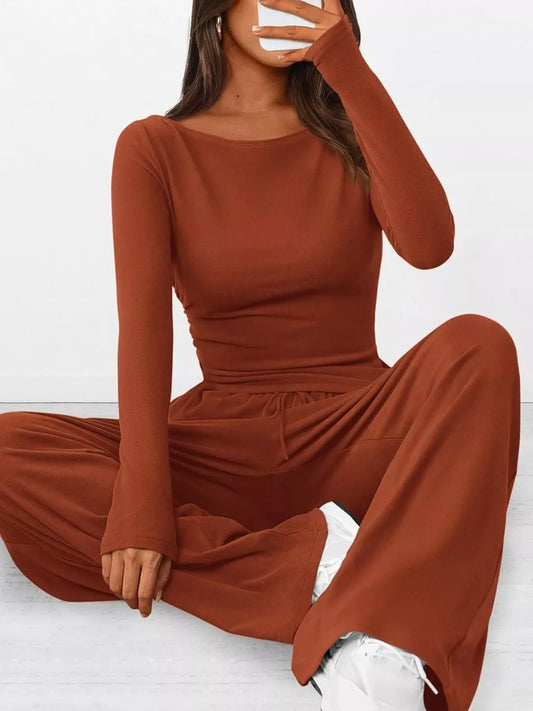 Long Sleeve Top and Wide Leg Pants Set - Red
