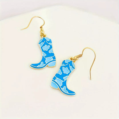 Cowgirl Boot Dangle Earrings - Blue One Size