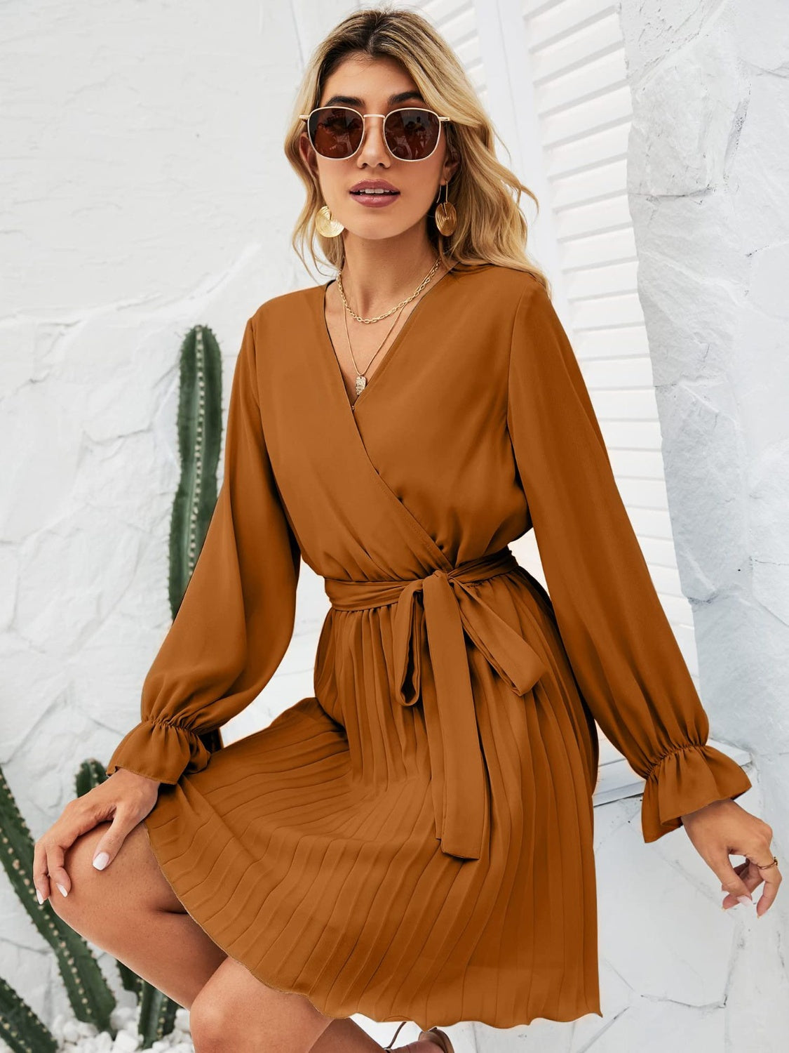 Surplice Flounce Sleeve Pleated Mini Dress | AdoreStarr