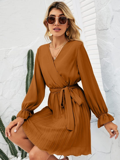 Surplice Flounce Sleeve Pleated Mini Dress - Caramel