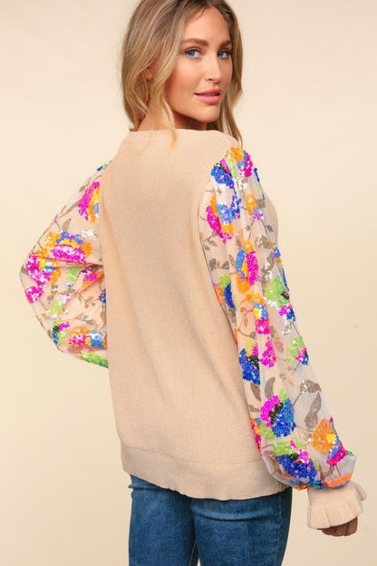 Floral Sequins Mesh Flounce Sleeve Sweater - Tan