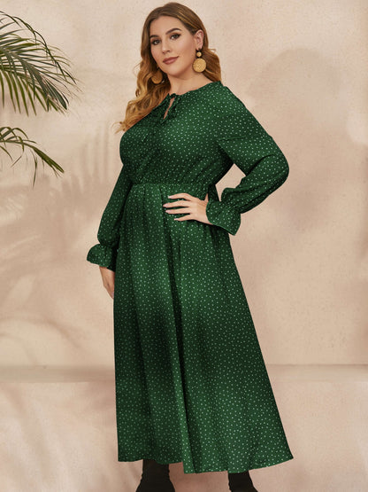 Plus Size Ruffled Polka Dot Long Sleeve Midi Dress - Dark Green