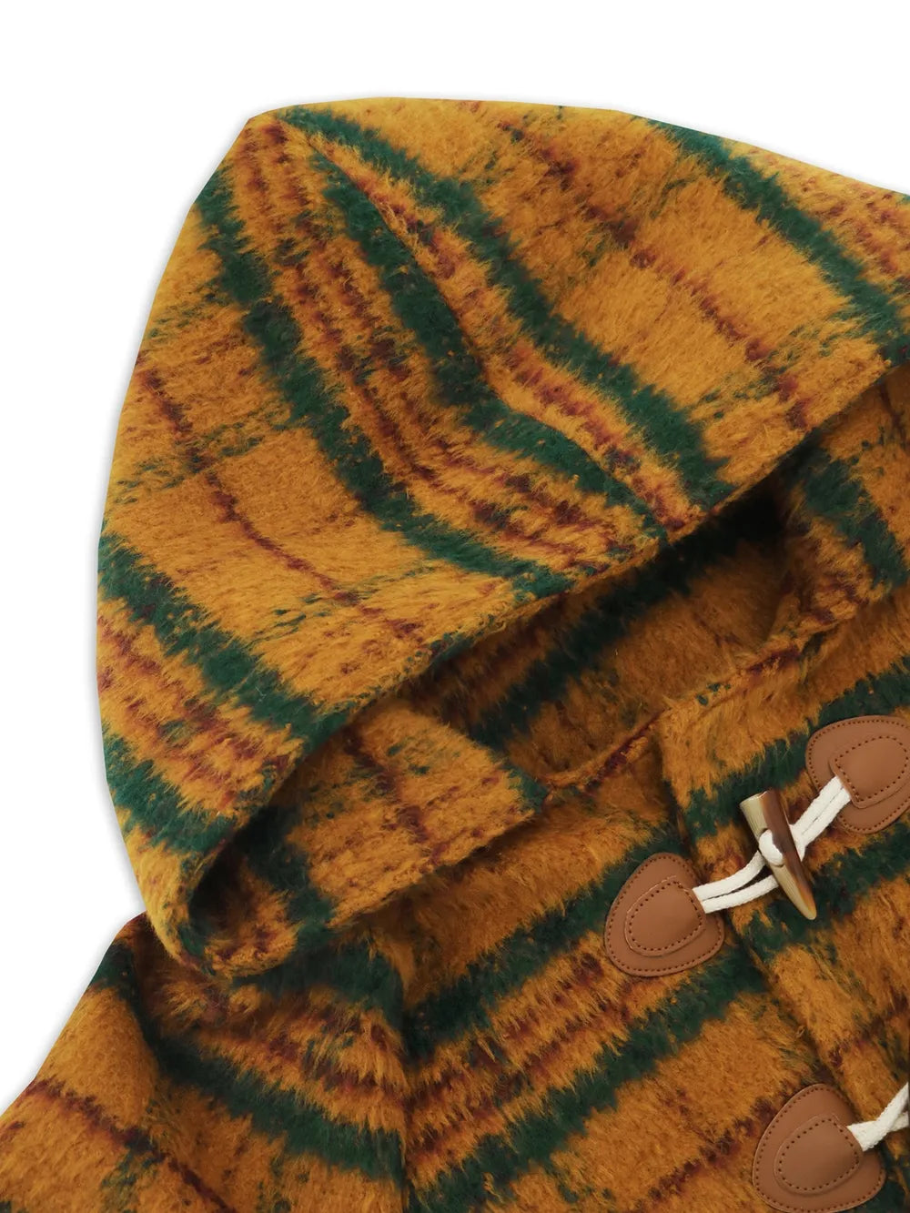 Plaid Long Sleeve Hooded Coat - Mustard