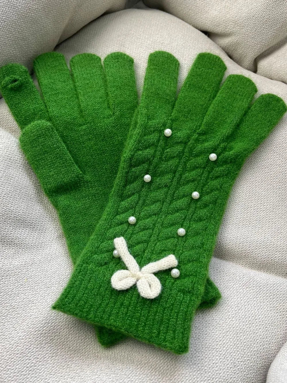 Thermal Pearl Detail Bow Five-Finger Gloves - Green One Size