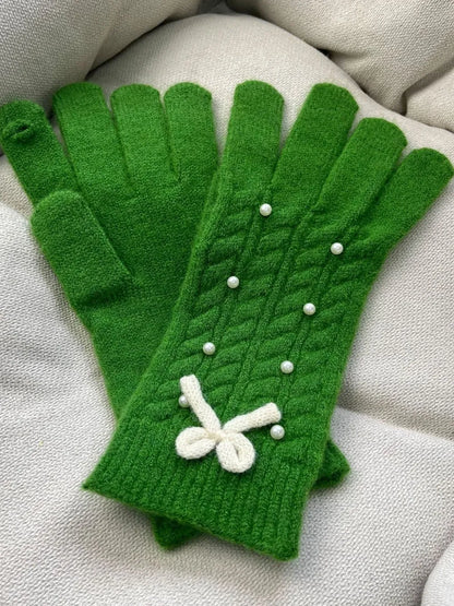 Thermal Pearl Detail Bow Five-Finger Gloves - Green One Size
