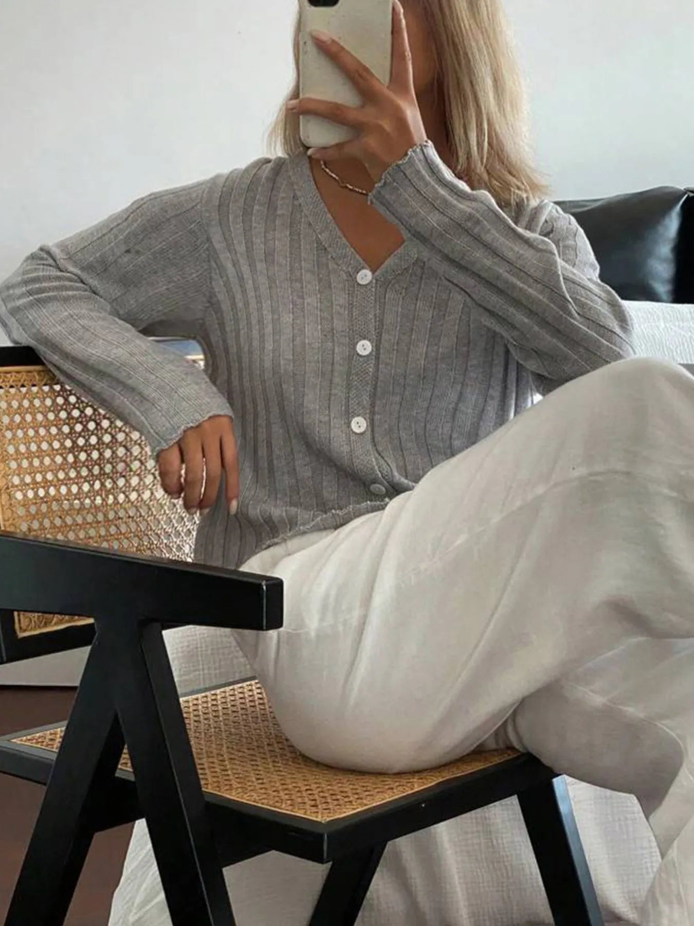 Ribbed Button-Up V-Neck Cardigan - Gray