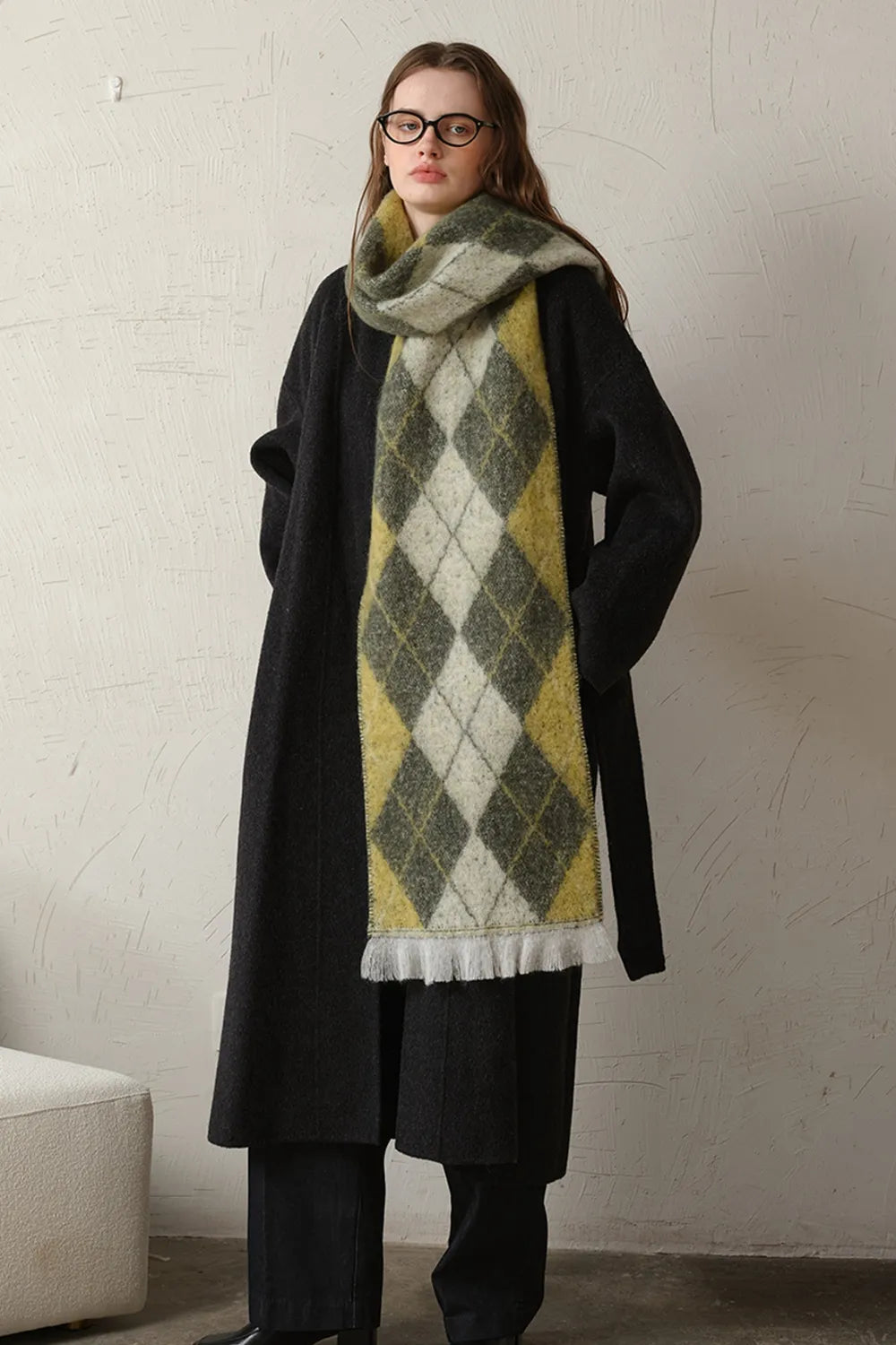 Fringe Argyle Polyester Scarf - Moss One Size