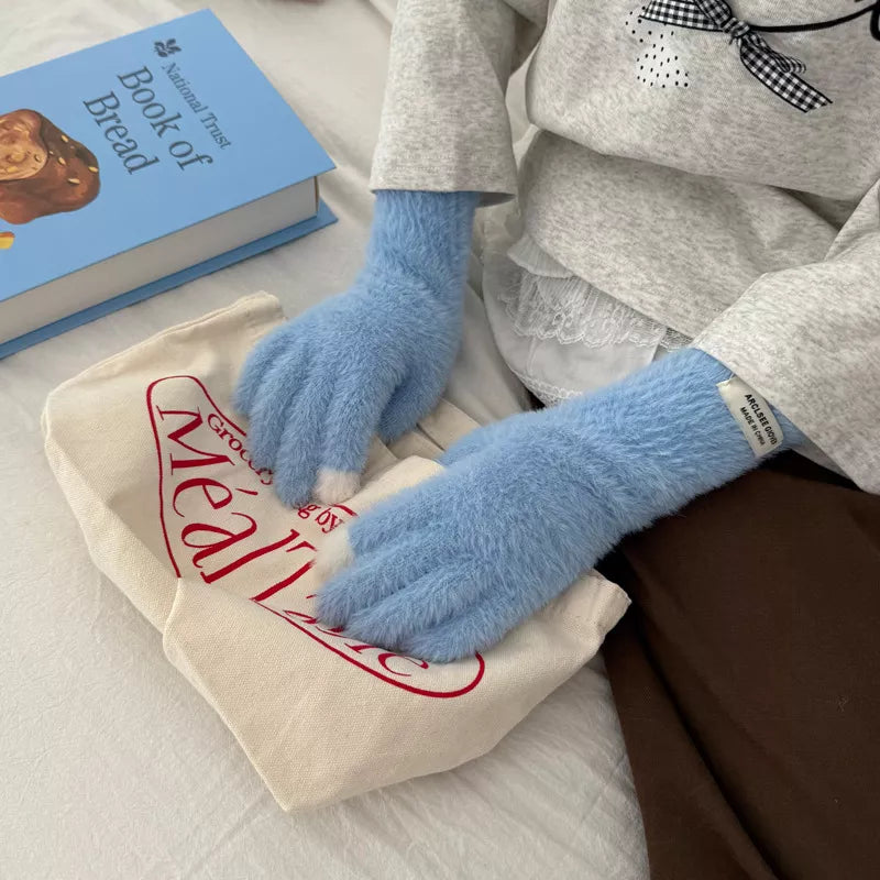 Warm Plush Contrast Knitted Gloves - Light Blue One Size
