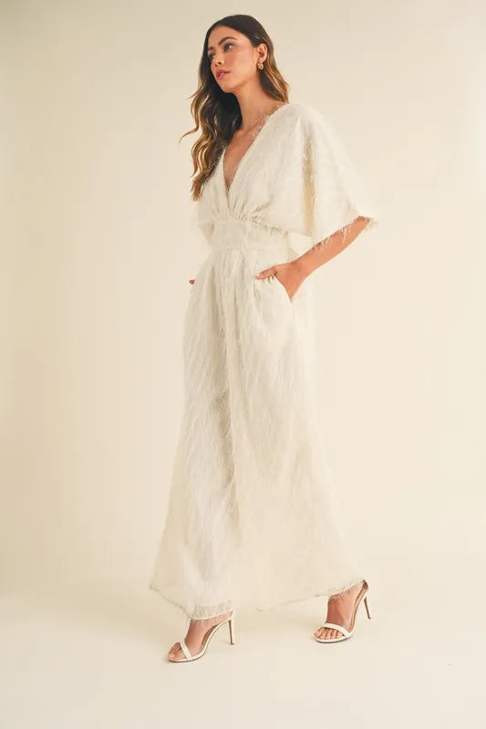 Fluffy Deep V-Neck Wide Leg Jumpsuit - Cream
