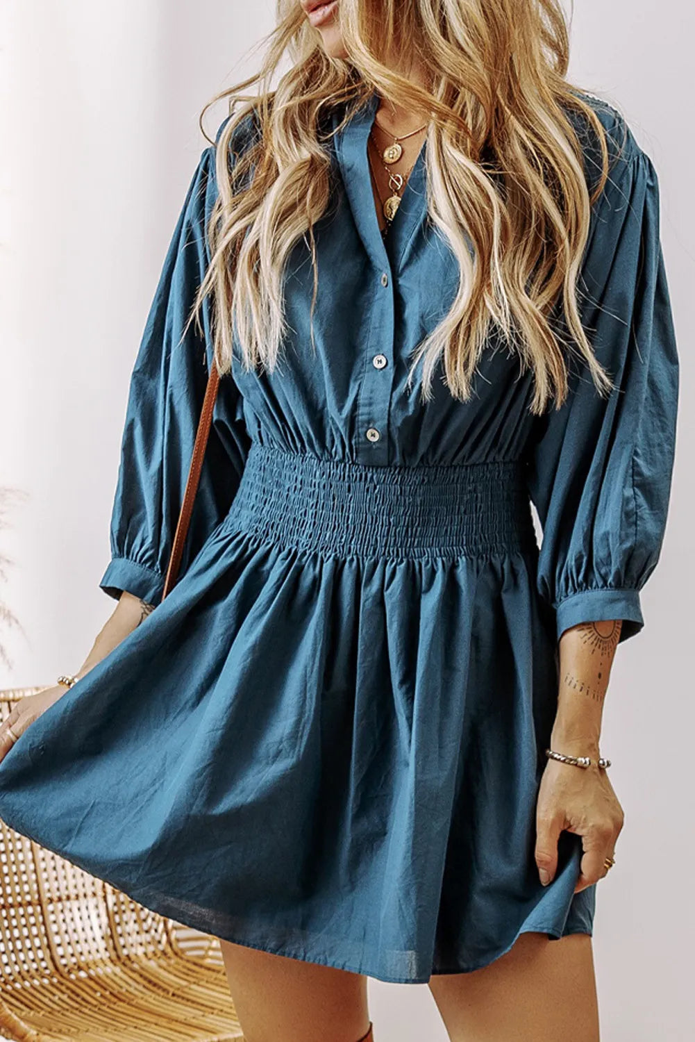 Smocked Half Three-Quarter Sleeve Button Mini Dress