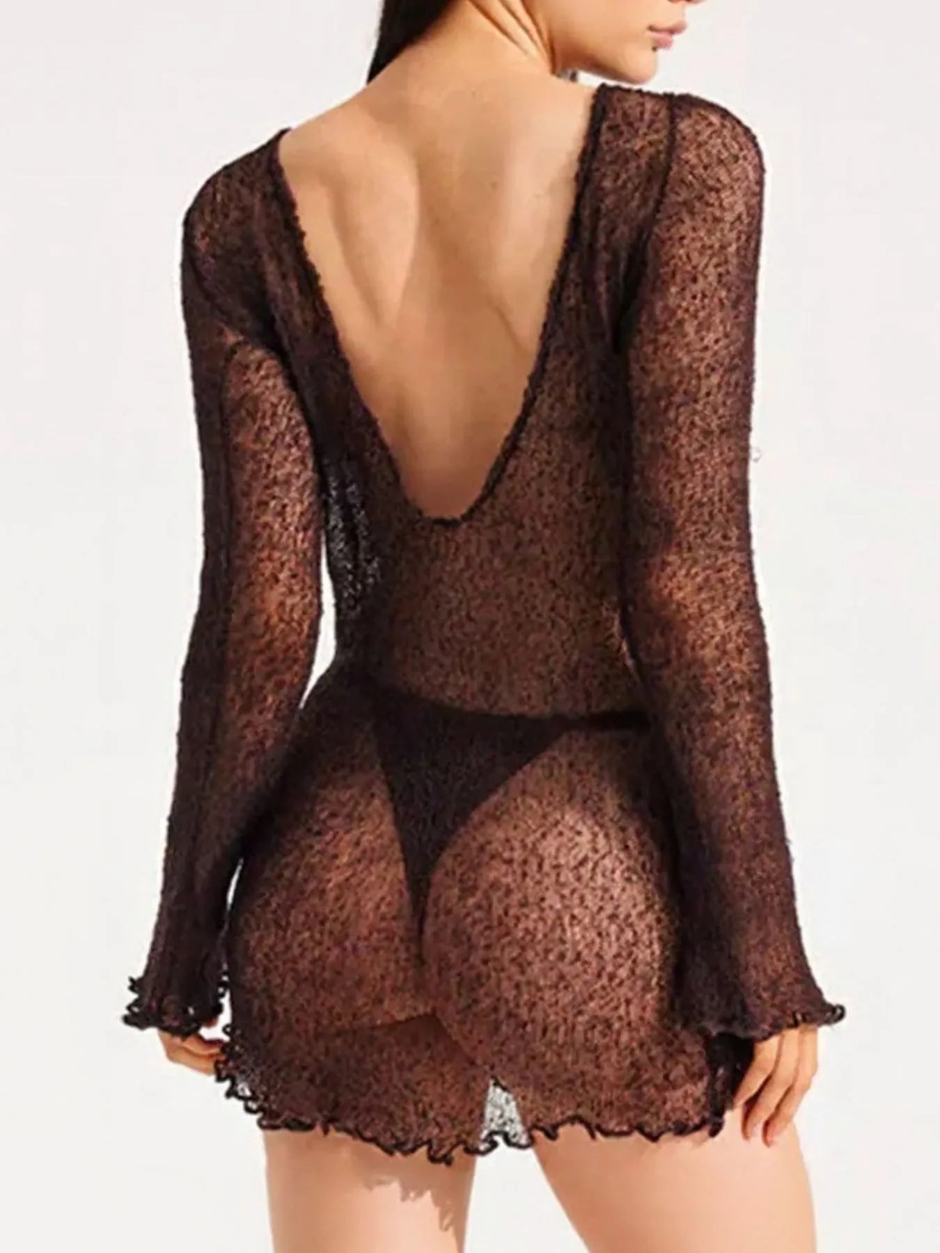 Sheer Backless Long Sleeve Mini Cover-Up Dress -
