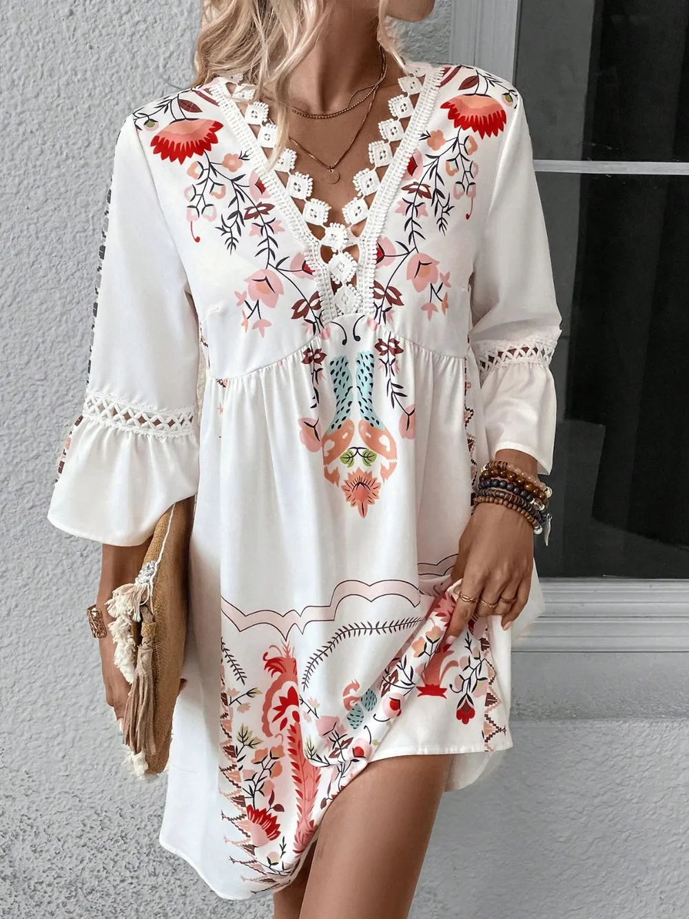 Lace Detail Printed Three-Quarter Sleeve Dress - Deep Red