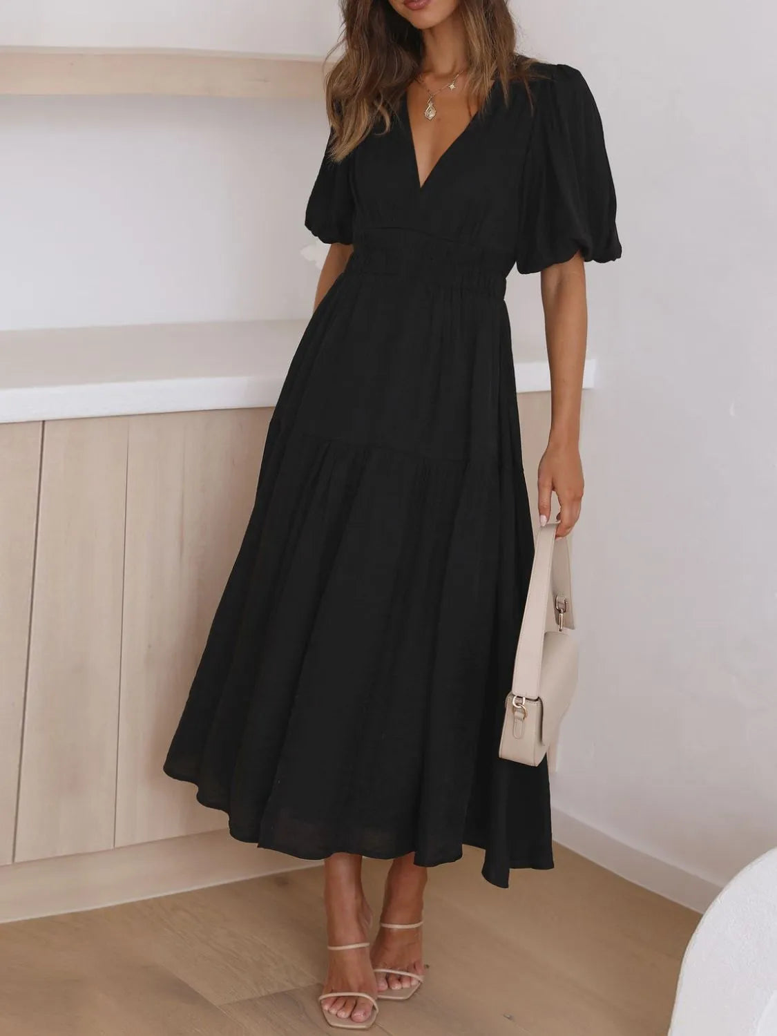 V-Neck Puff Sleeve Midi Dress - Black