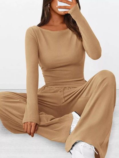 Long Sleeve Top and Wide Leg Pants Set - Khaki