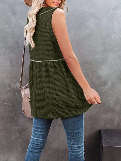 V-Neck Contrast Trim Waffle Knit Tank Top - Green