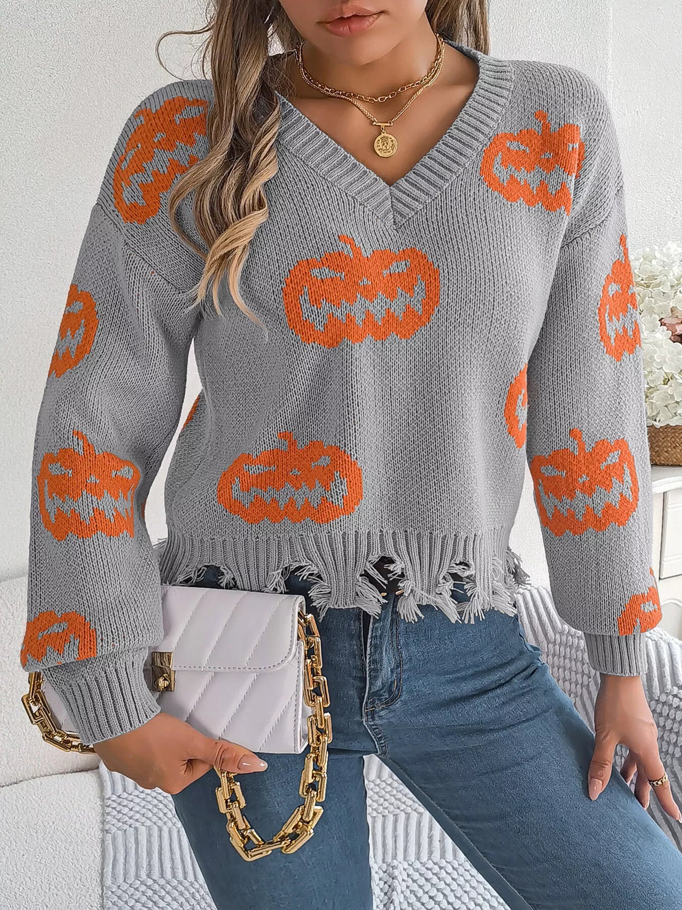Pumpkin Pattern Raw Hem V-Neck Sweater - Gray