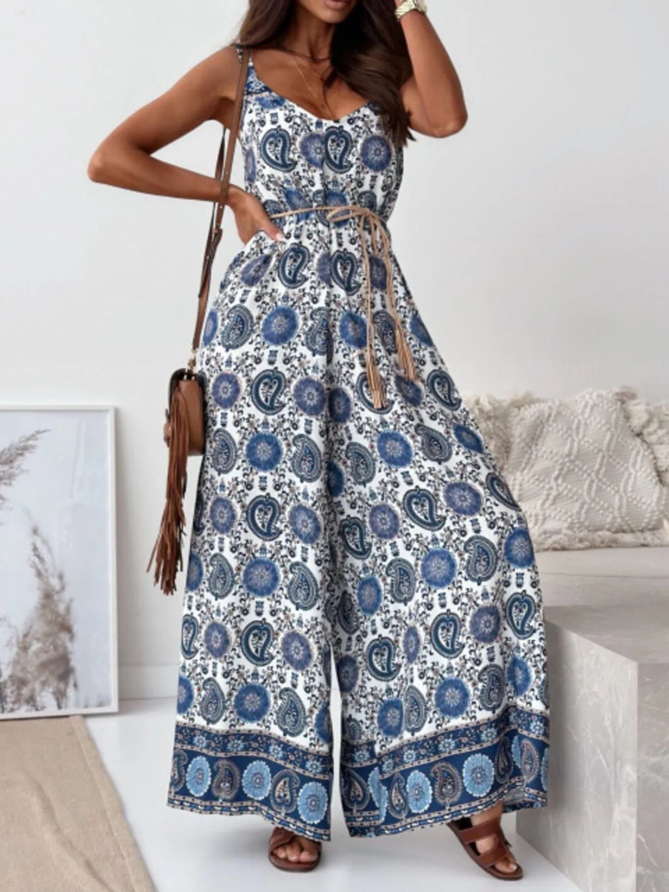 Paisley Print Wide Leg Jumpsuit - White