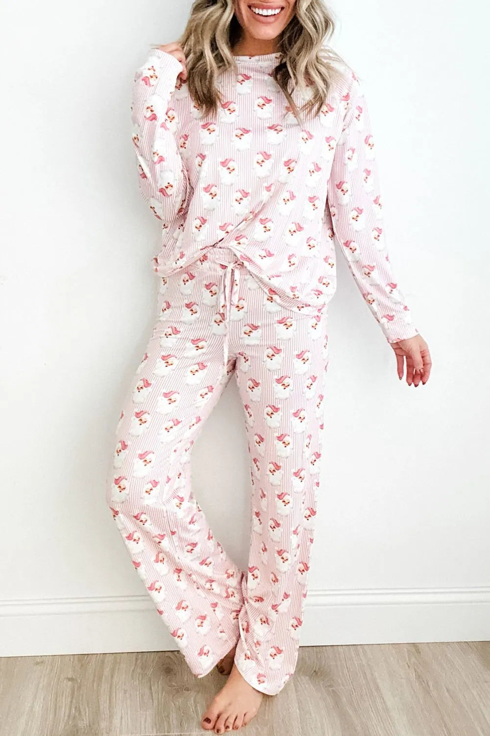 Santa Print Long Sleeve Top and Pants Lounge Set - Blush Pink