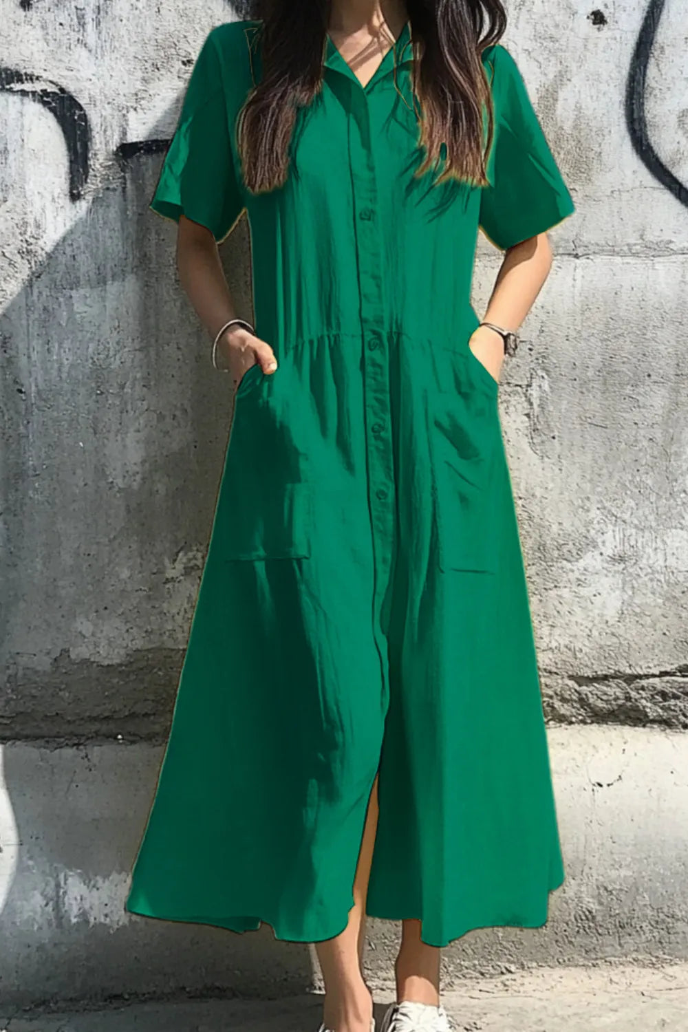 Button Front Short Sleeve Midi Dress - Dark Green