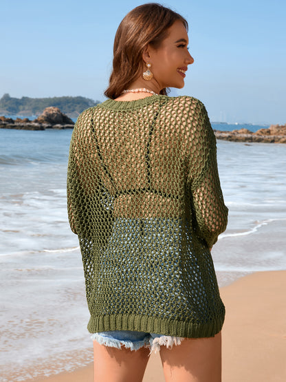 Heart Openwork Long Sleeve Cover-Up - Matcha Green