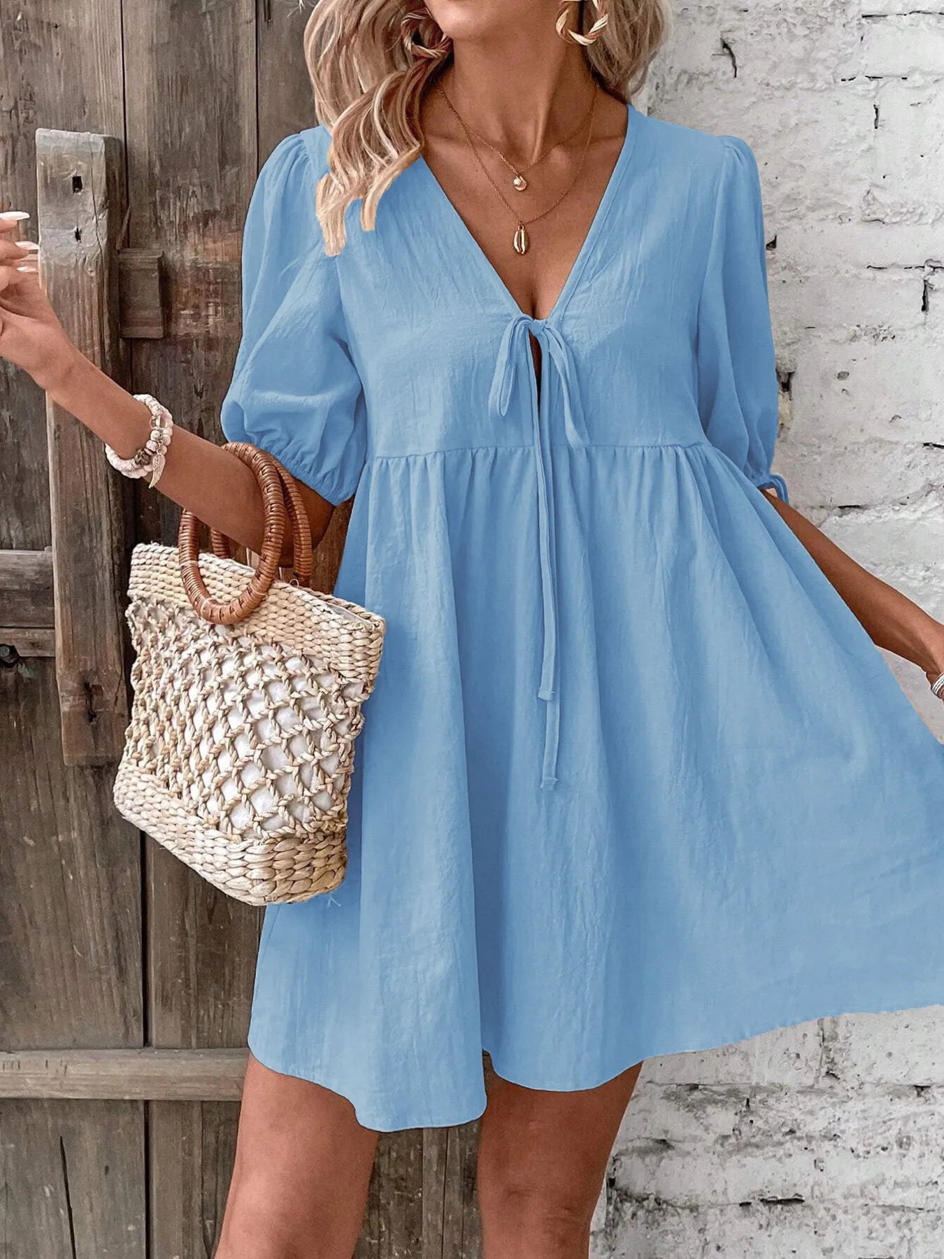 V-Neck Puff Sleeves Mini Dress - Blue