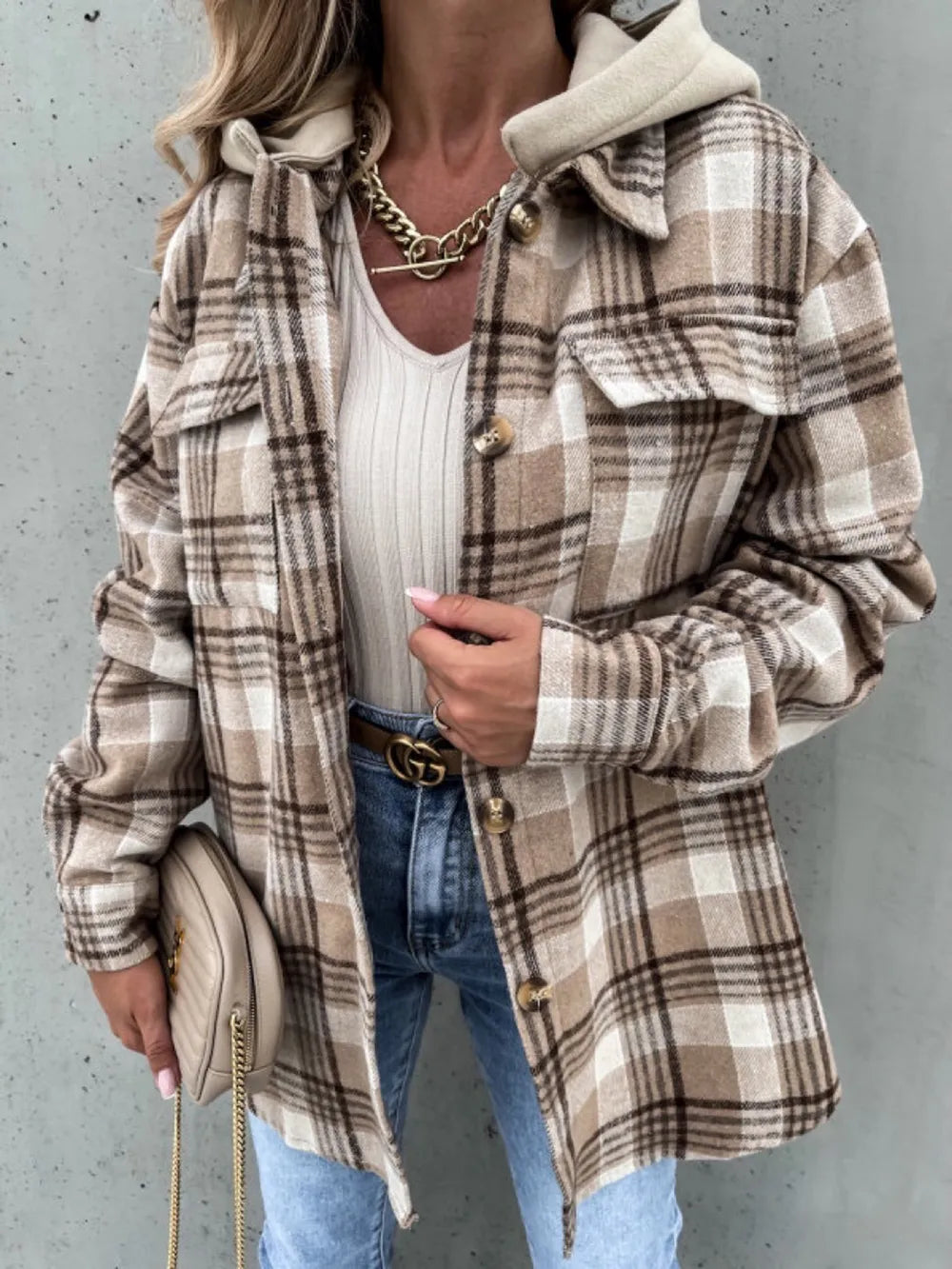 Plaid Button Up Jacket - Camel