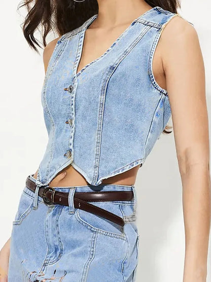 V-Neck Button Up Denim Vest -