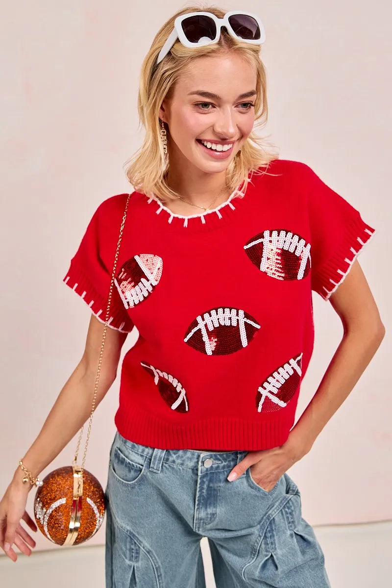 Gameday Sequin Football Embroidered Stitch Sweater -