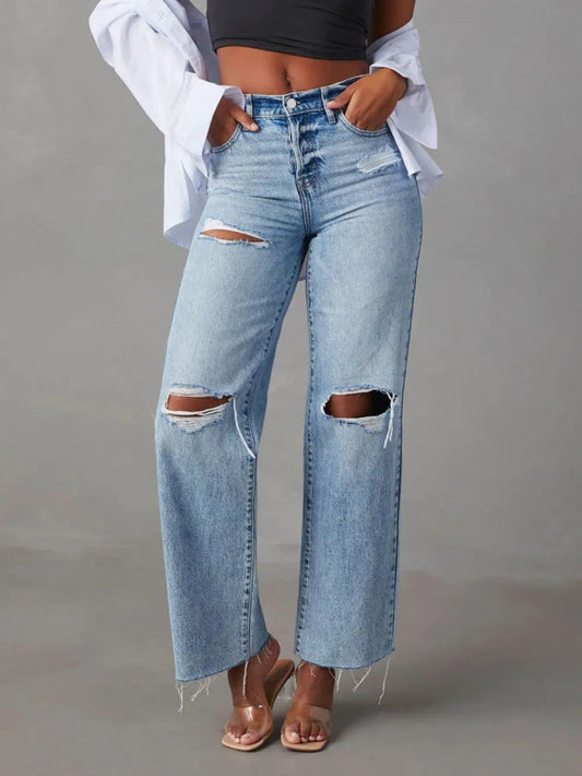 Distressed Straight Leg Jeans - Light