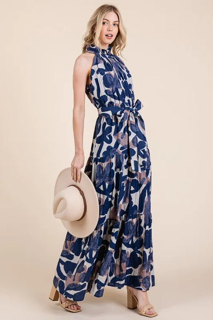 Abstract Halter Neck Tie-Waist Maxi Dress -