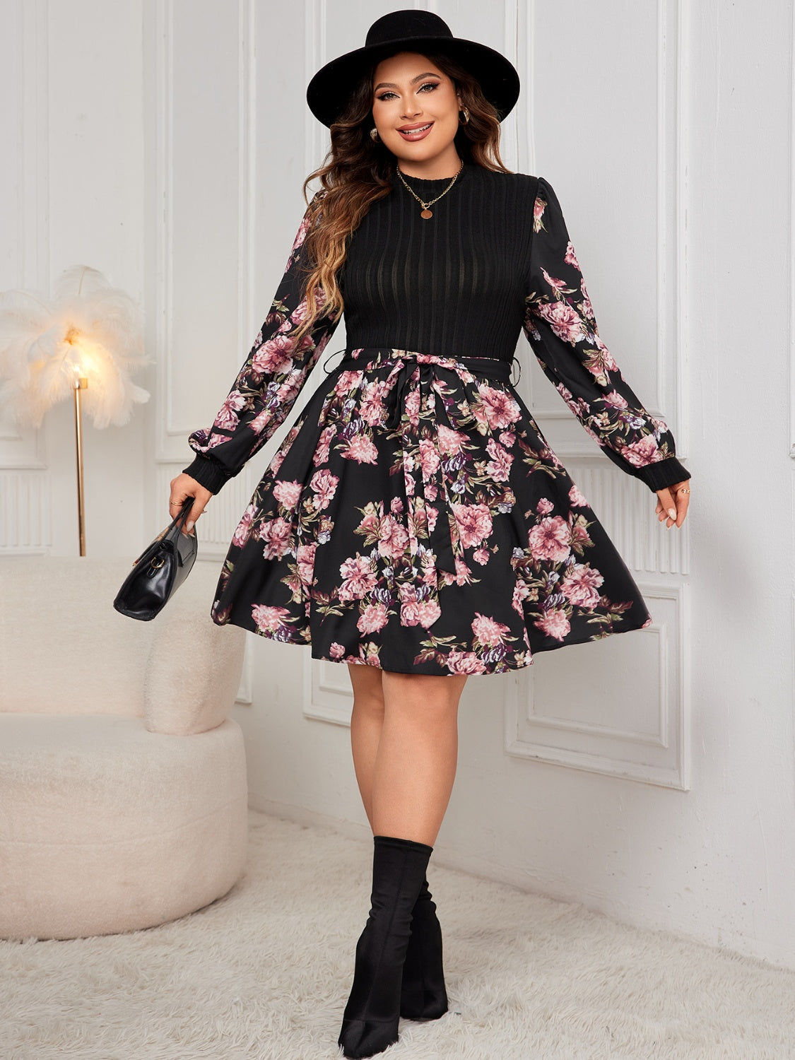 Plus Size Tied Printed Long Sleeve Dress - Black