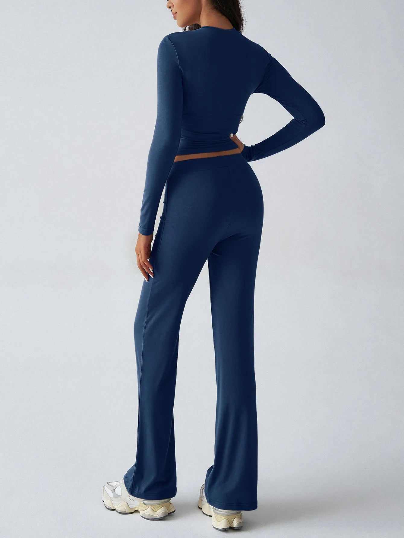 Round Neck Long Sleeve Top and Pants Set - Royal Blue