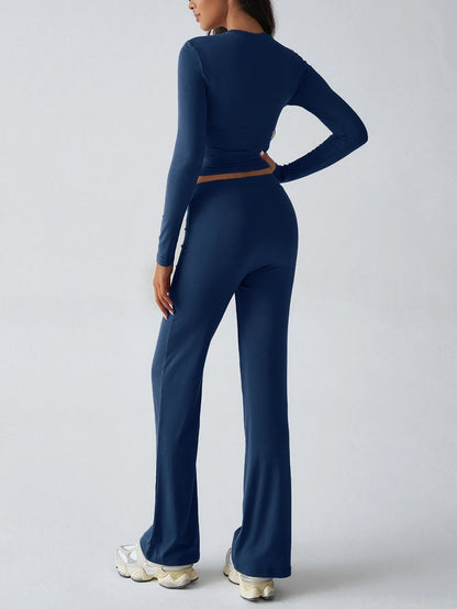Round Neck Long Sleeve Top and Pants Set - Royal Blue