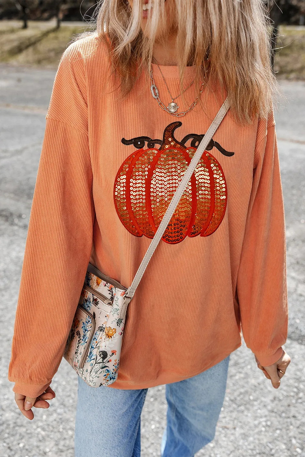 Sequin Pumpkin Round Neck Long Sleeve Sweatshirt -