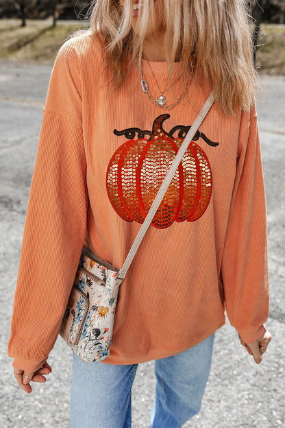 Sequin Pumpkin Round Neck Long Sleeve Sweatshirt -