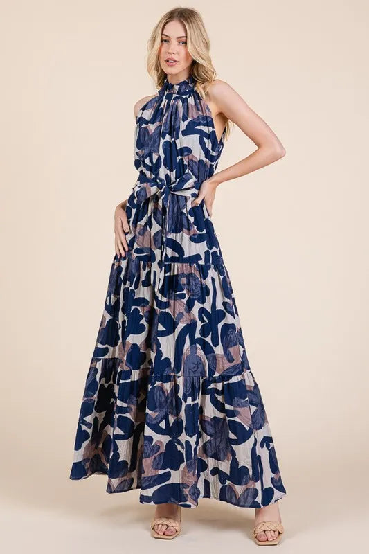 Abstract Halter Neck Tie-Waist Maxi Dress -