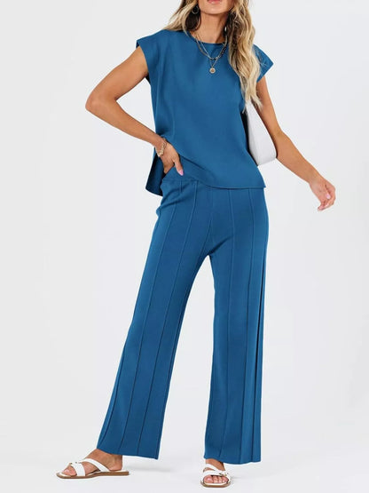 Casual Cap Sleeve Top and Pants Knit Set -