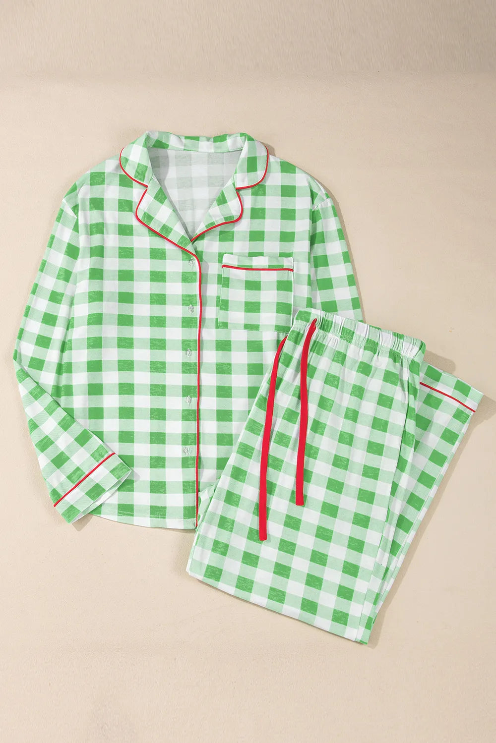 Plaid Collared Neck Long Sleeve Top and Pants Set -